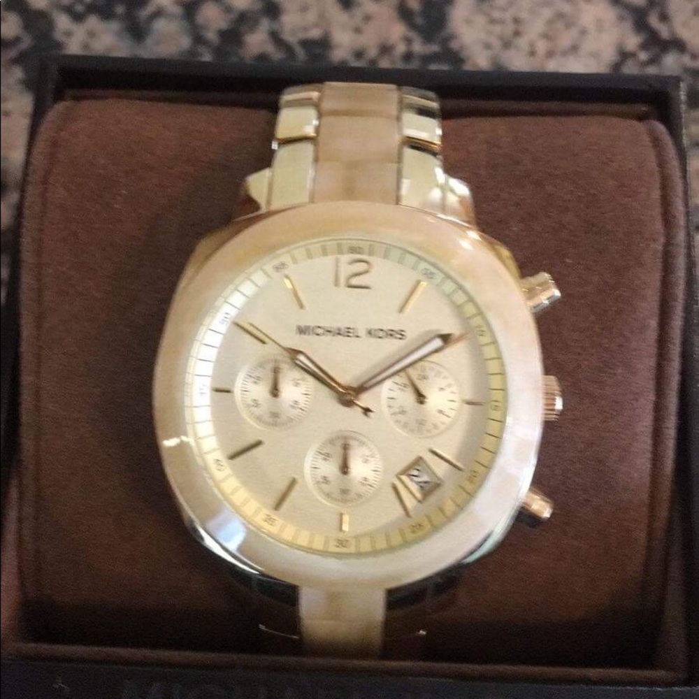 Michael Kors horn acrylic 2 tone beige gold watch